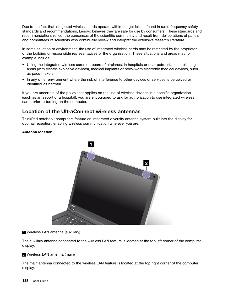 Location of the ultraconnect wireless antennas | Lenovo ThinkPad Edge E525 User Manual | Page 156 / 168