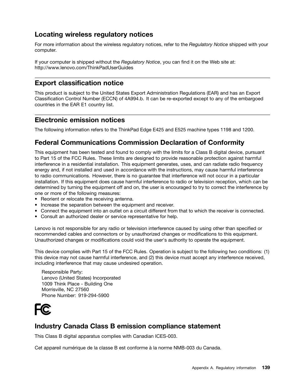 Locating wireless regulatory notices, Export classification notice, Electronic emission notices | Lenovo ThinkPad Edge E525 User Manual | Page 157 / 168