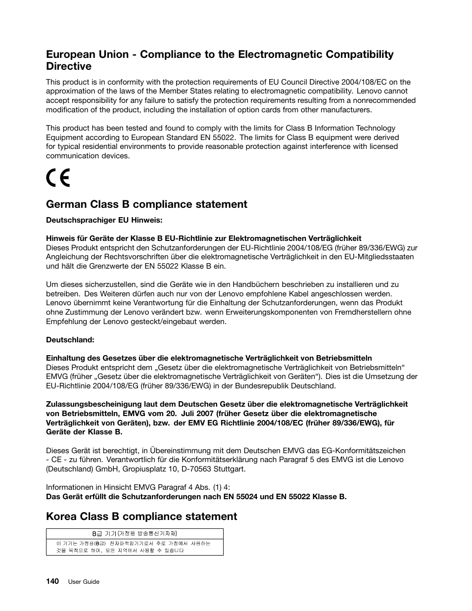 German class b compliance statement, Korea class b compliance statement | Lenovo ThinkPad Edge E525 User Manual | Page 158 / 168