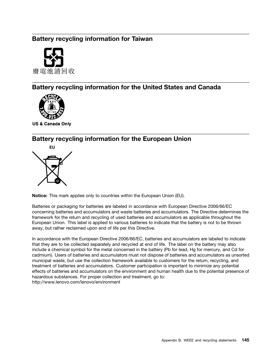 Battery recycling information for taiwan | Lenovo ThinkPad Edge E525 User Manual | Page 163 / 168