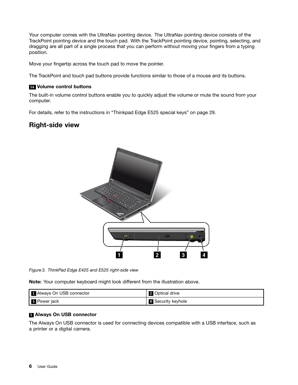 Right-side view, Volume control buttons | Lenovo ThinkPad Edge E525 User Manual | Page 24 / 168