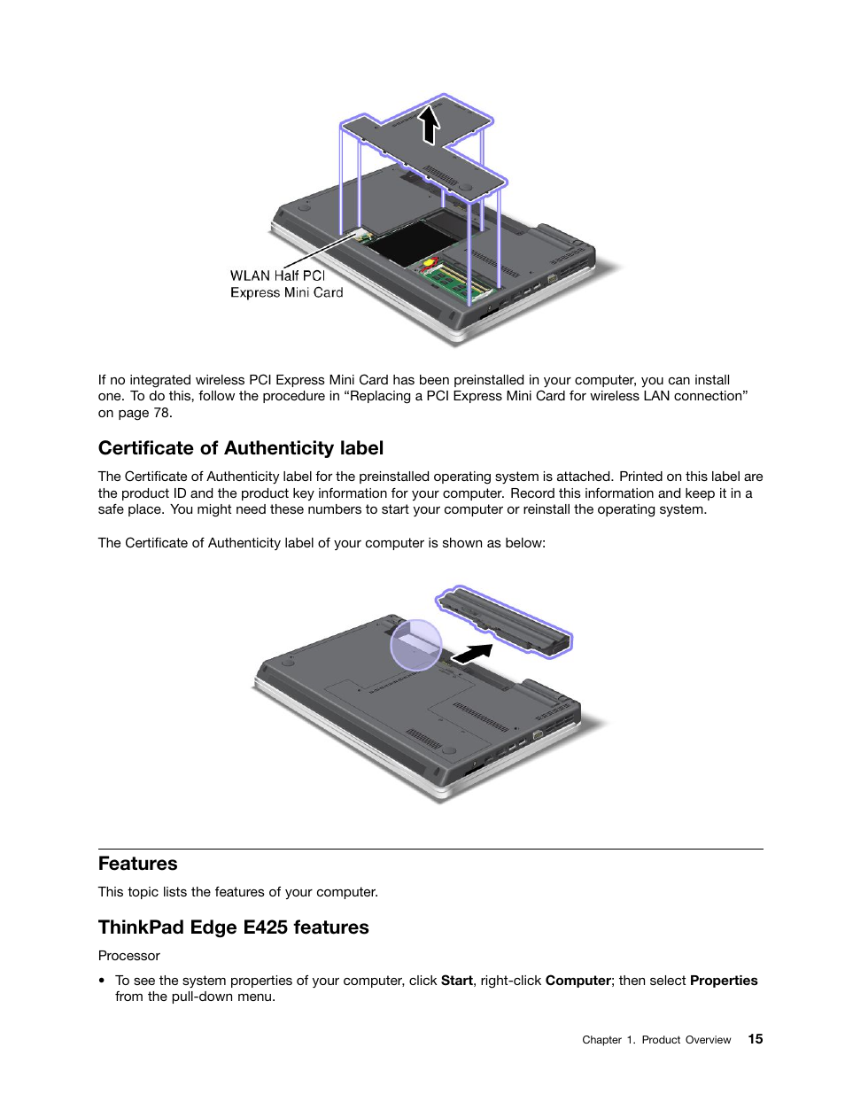 Certificate of authenticity label, Features, Thinkpad edge e425 features | Lenovo ThinkPad Edge E525 User Manual | Page 33 / 168