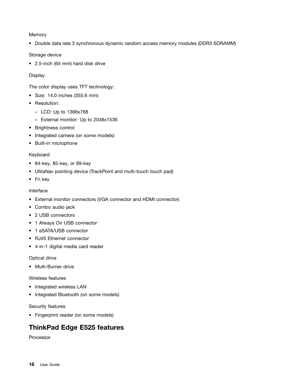 Thinkpad edge e525 features | Lenovo ThinkPad Edge E525 User Manual | Page 34 / 168