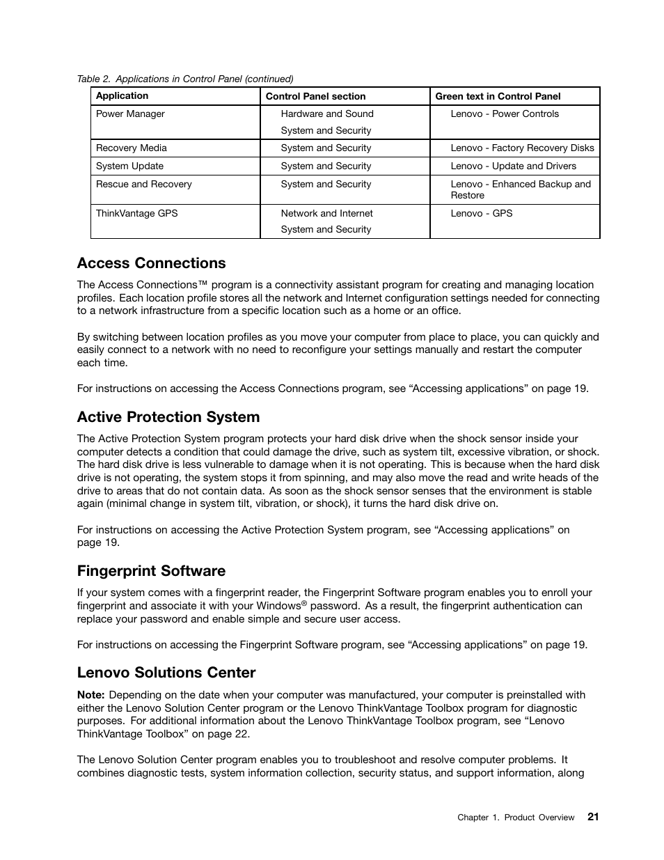 Access connections, Active protection system, Fingerprint software | Lenovo solutions center | Lenovo ThinkPad Edge E525 User Manual | Page 39 / 168