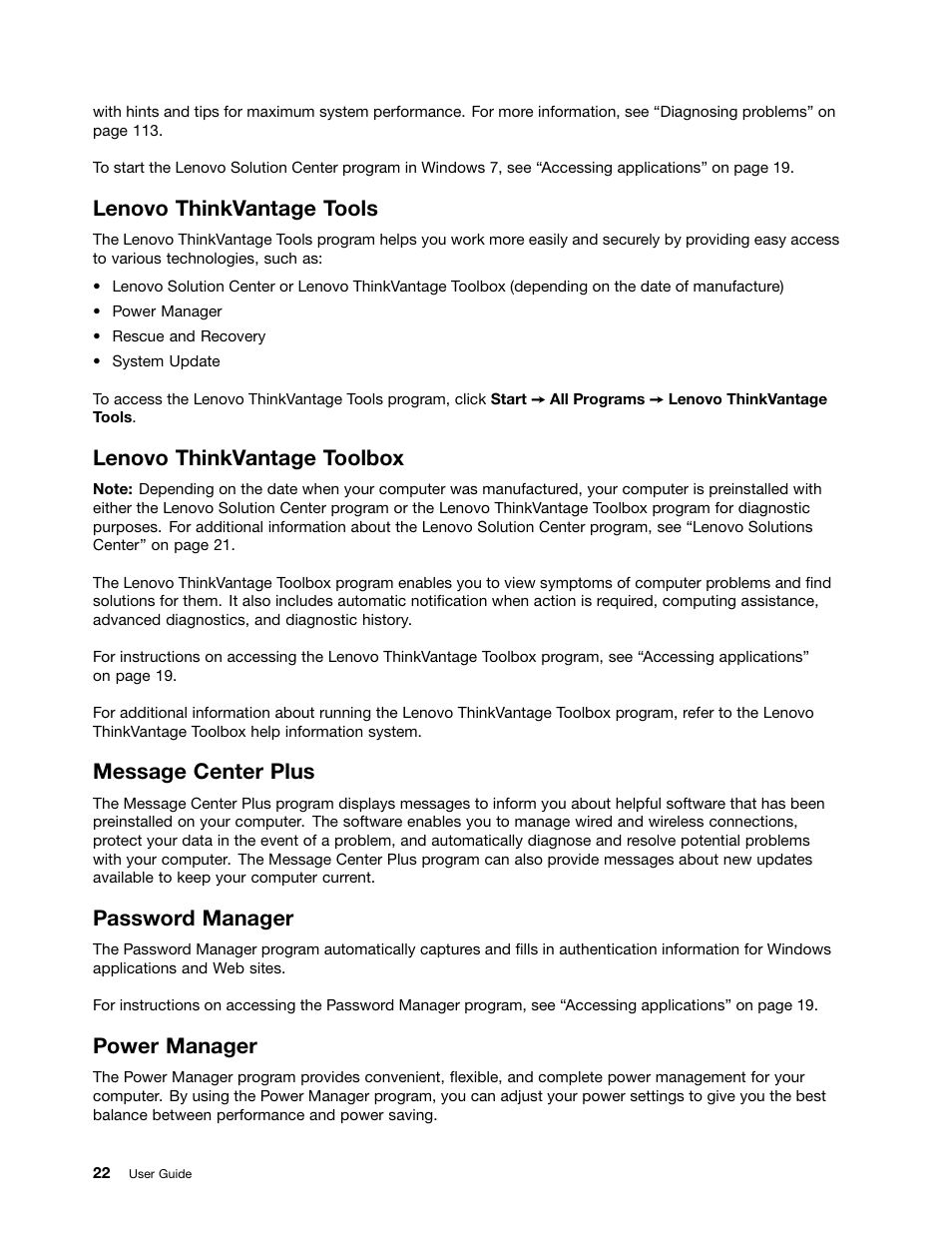 Lenovo thinkvantage tools, Lenovo thinkvantage toolbox, Message center plus | Password manager, Power manager | Lenovo ThinkPad Edge E525 User Manual | Page 40 / 168