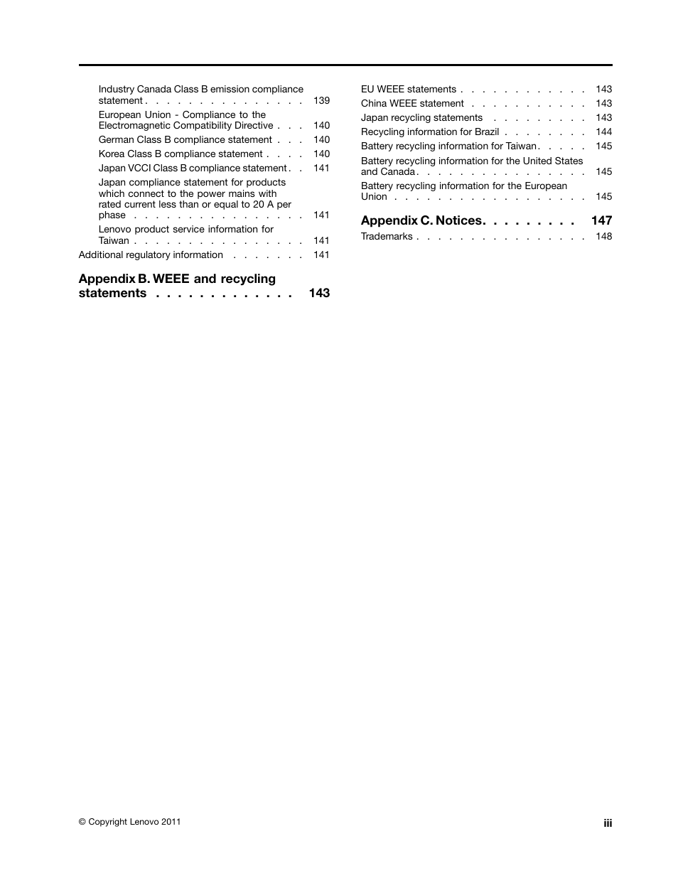 Appendix b. weee and recycling statements, Appendix c. notices | Lenovo ThinkPad Edge E525 User Manual | Page 5 / 168