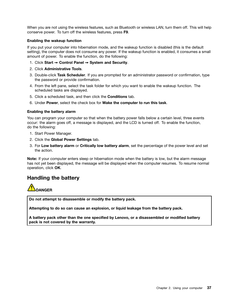 Handling the battery | Lenovo ThinkPad Edge E525 User Manual | Page 55 / 168