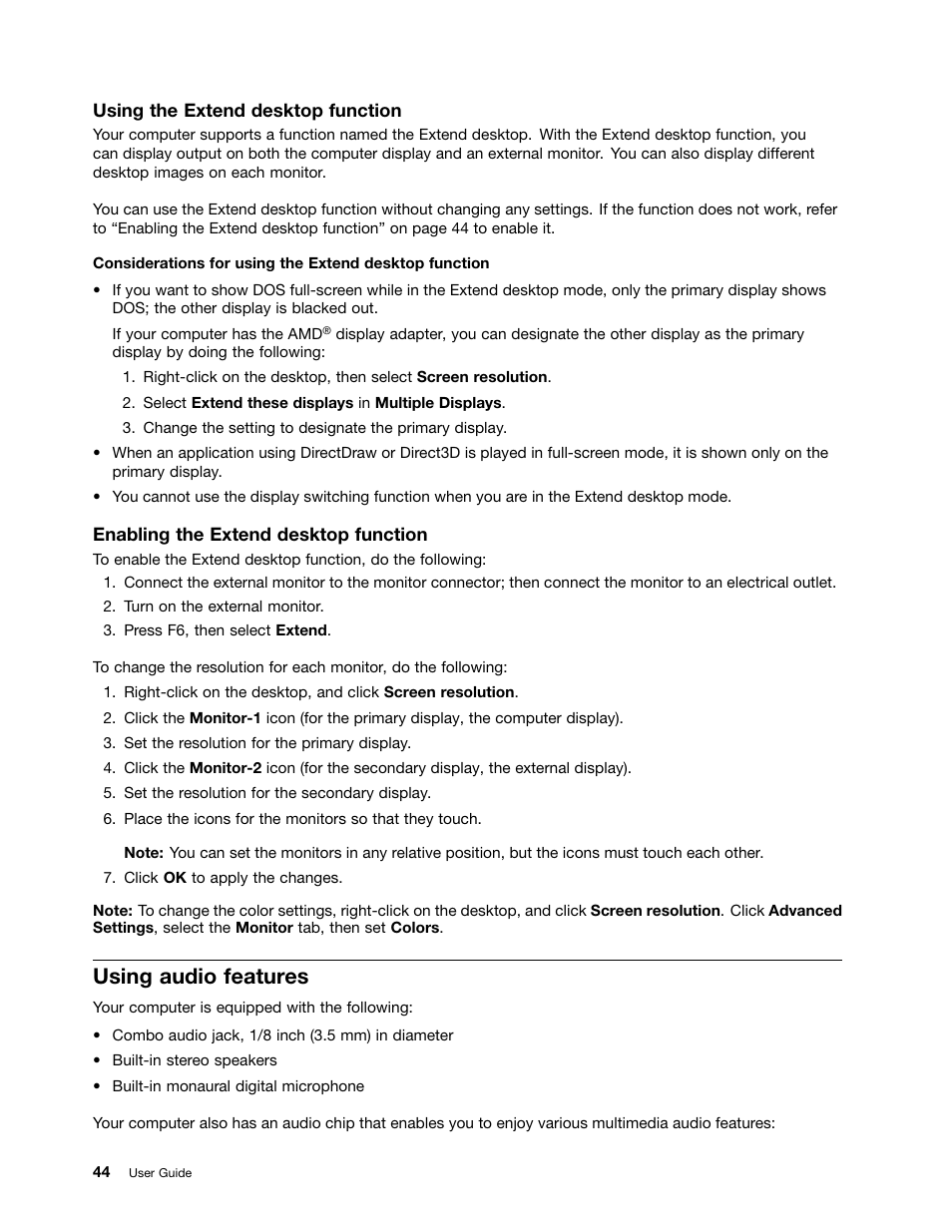 Using audio features, Extend desktop function | Lenovo ThinkPad Edge E525 User Manual | Page 62 / 168