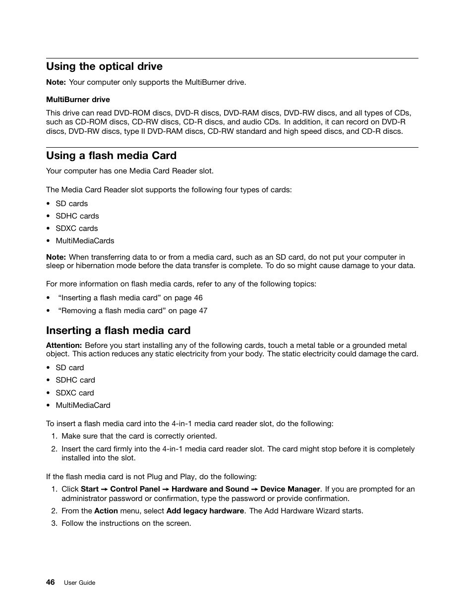 Using the optical drive, Using a flash media card, Inserting a flash media card | Lenovo ThinkPad Edge E525 User Manual | Page 64 / 168