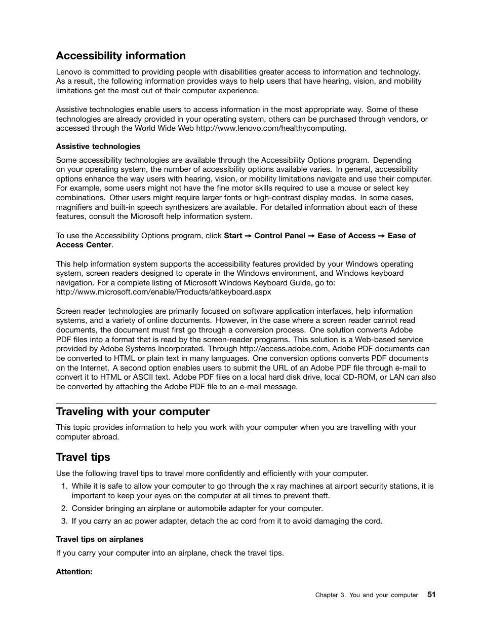 Accessibility information, Traveling with your computer, Travel tips | Lenovo ThinkPad Edge E525 User Manual | Page 69 / 168