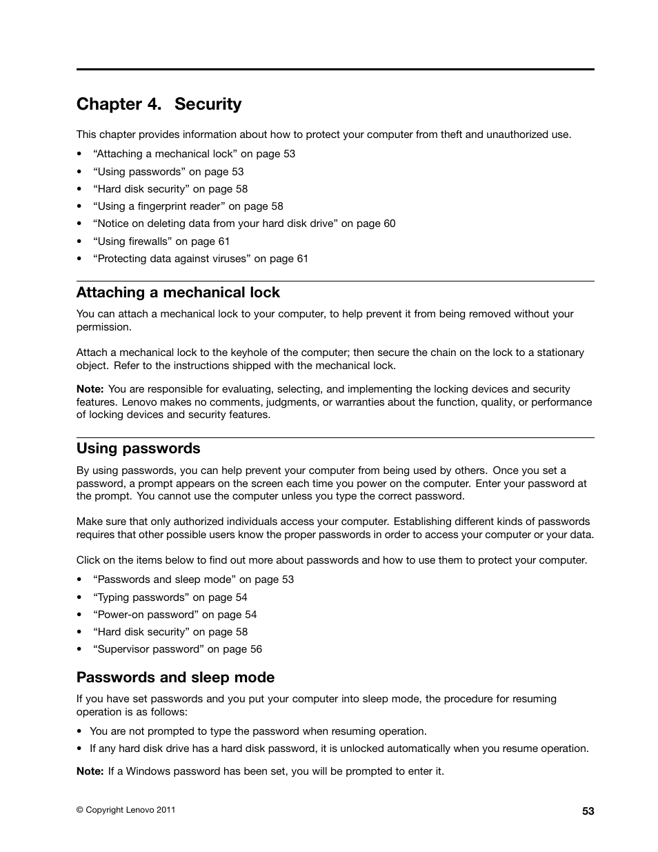 Chapter 4. security, Attaching a mechanical lock, Using passwords | Passwords and sleep mode | Lenovo ThinkPad Edge E525 User Manual | Page 71 / 168