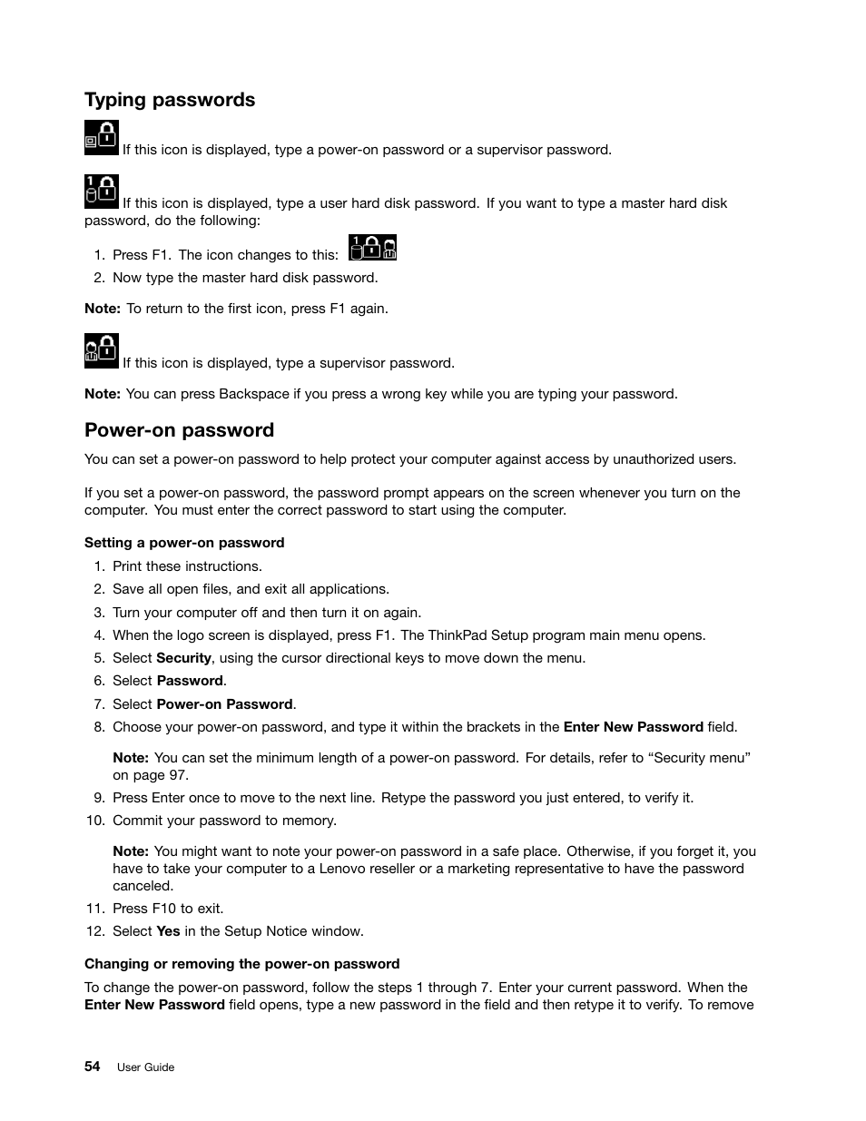 Typing passwords, Power-on password | Lenovo ThinkPad Edge E525 User Manual | Page 72 / 168