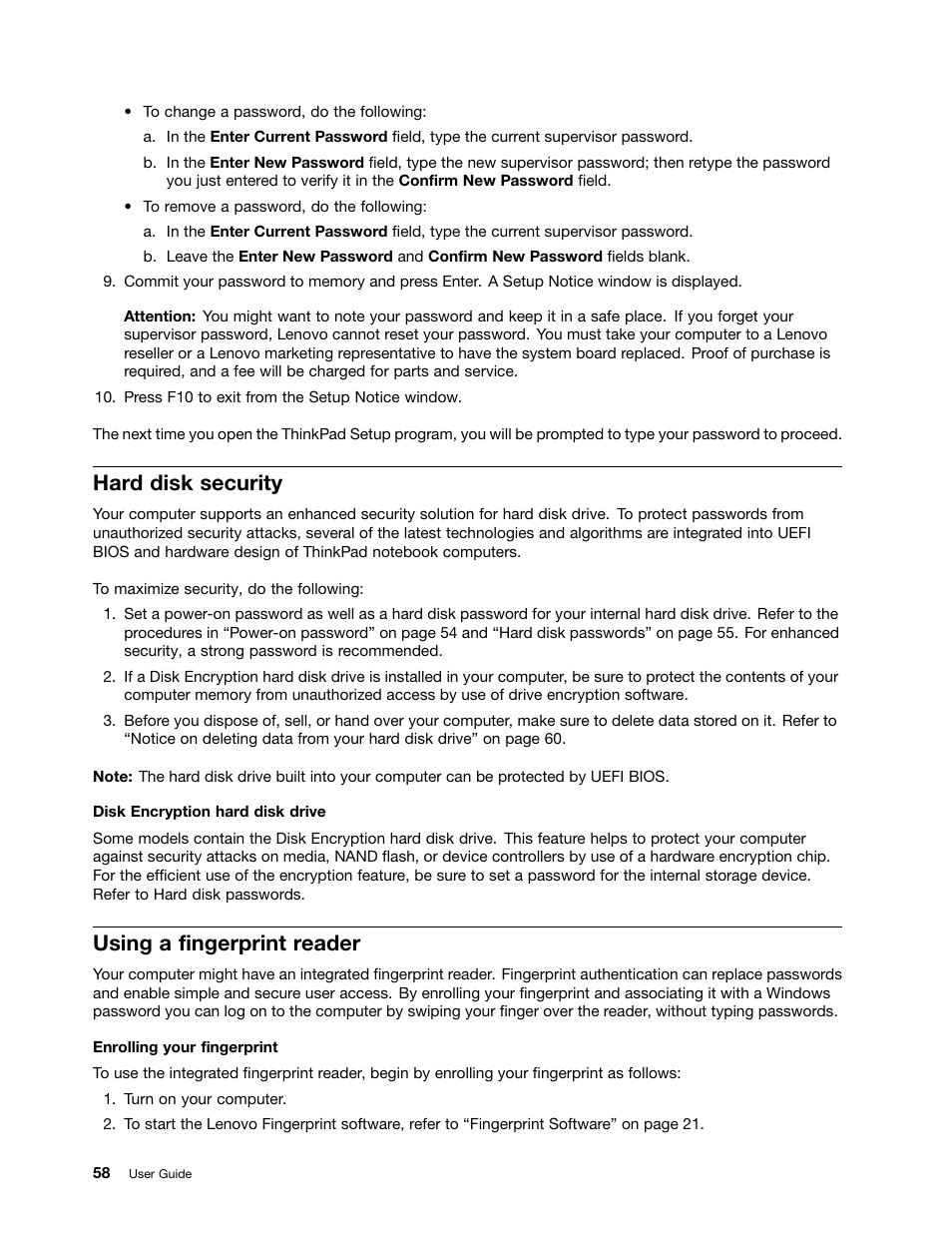 Hard disk security, Using a fingerprint reader | Lenovo ThinkPad Edge E525 User Manual | Page 76 / 168