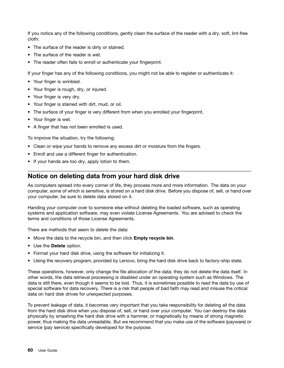 Notice on deleting data from your hard disk drive, Notice on deleting data from your | Lenovo ThinkPad Edge E525 User Manual | Page 78 / 168