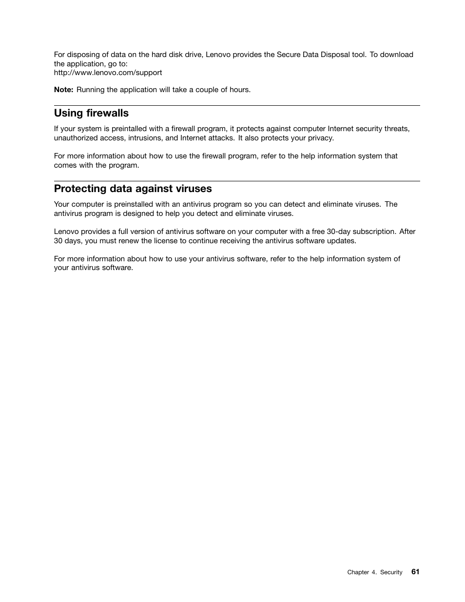 Using firewalls, Protecting data against viruses | Lenovo ThinkPad Edge E525 User Manual | Page 79 / 168