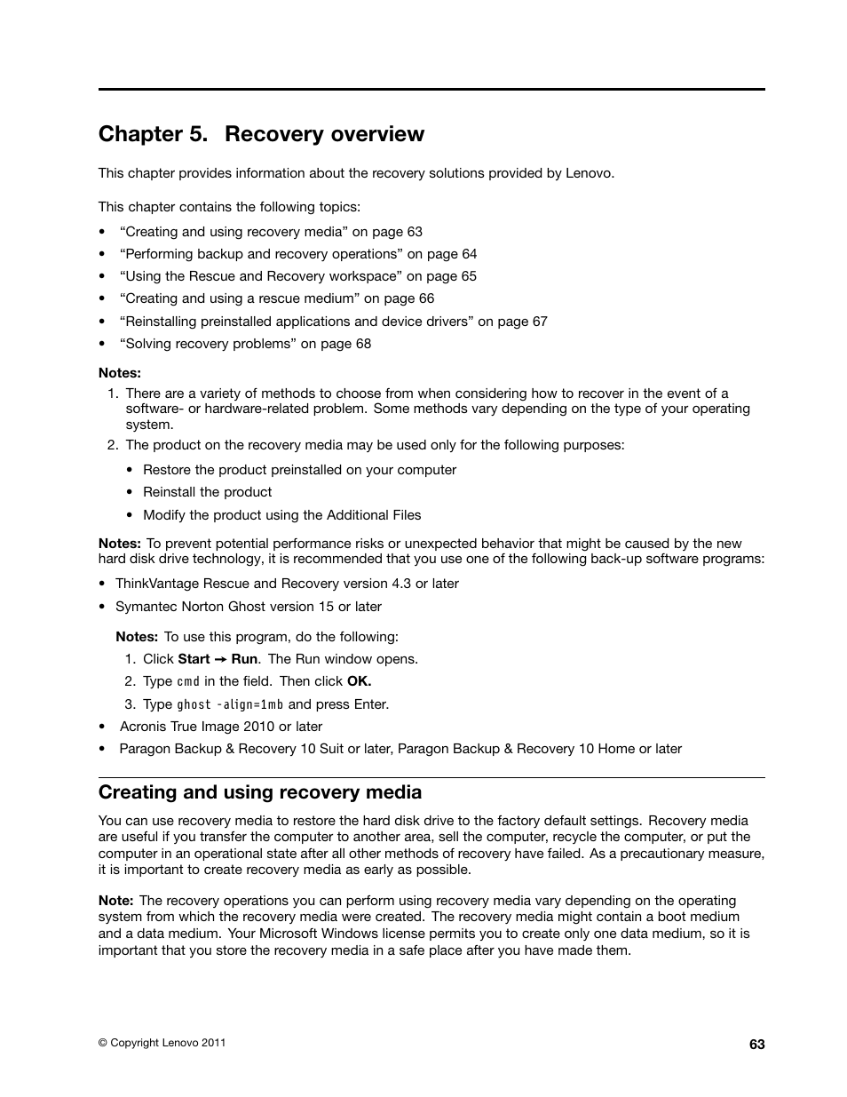 Chapter 5. recovery overview, Creating and using recovery media | Lenovo ThinkPad Edge E525 User Manual | Page 81 / 168