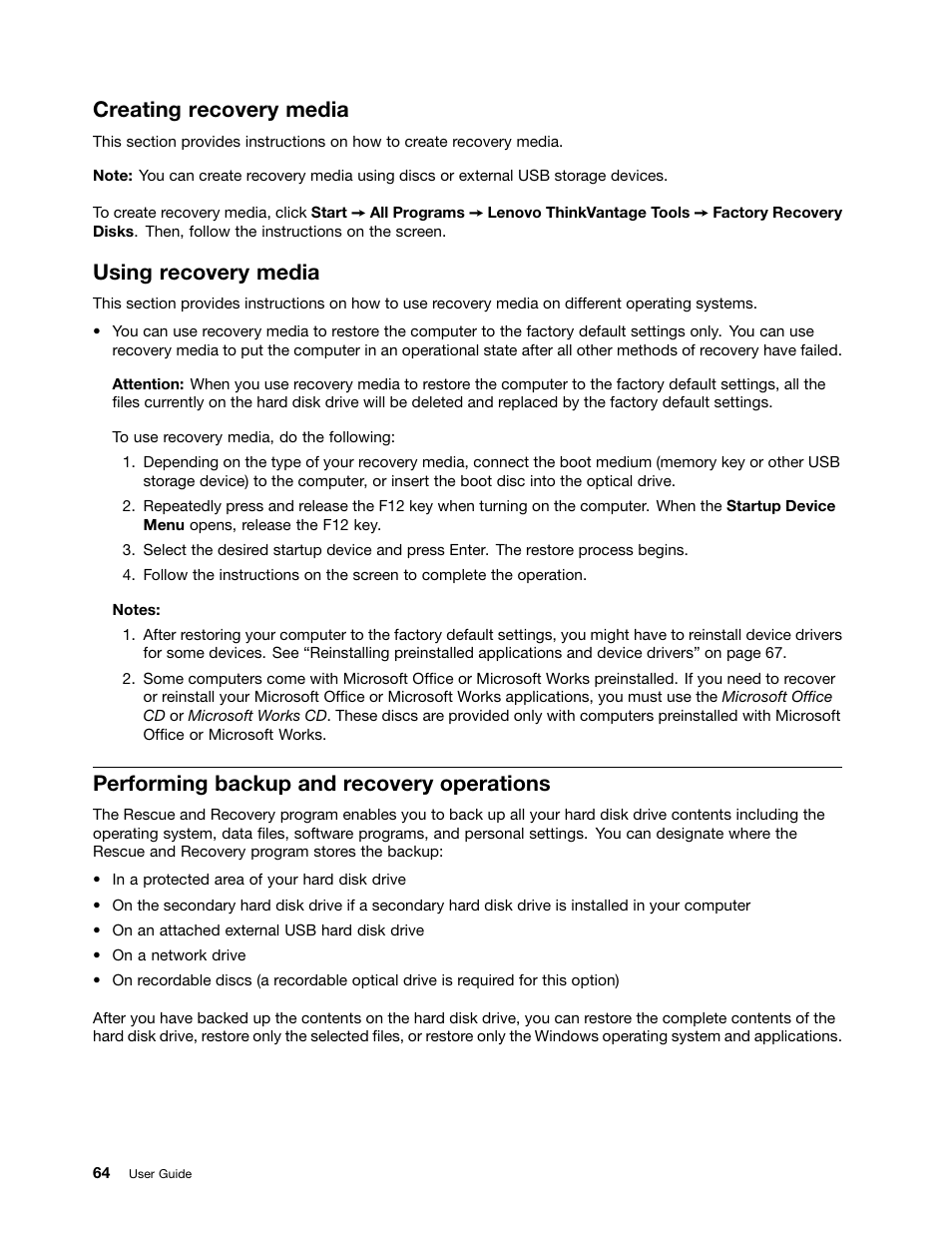 Creating recovery media, Using recovery media, Performing backup and recovery operations | Lenovo ThinkPad Edge E525 User Manual | Page 82 / 168