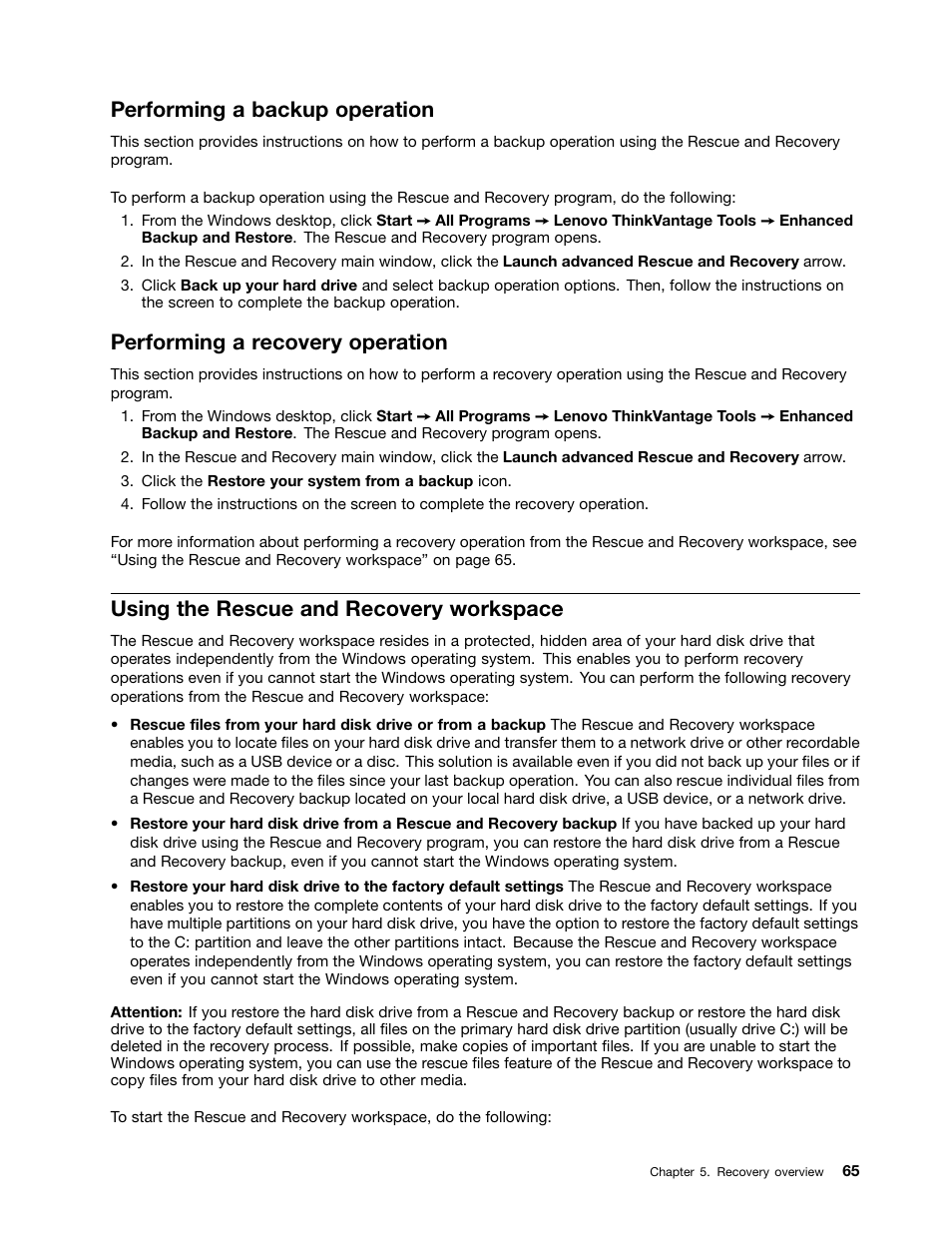 Performing a backup operation, Performing a recovery operation, Using the rescue and recovery workspace | Lenovo ThinkPad Edge E525 User Manual | Page 83 / 168