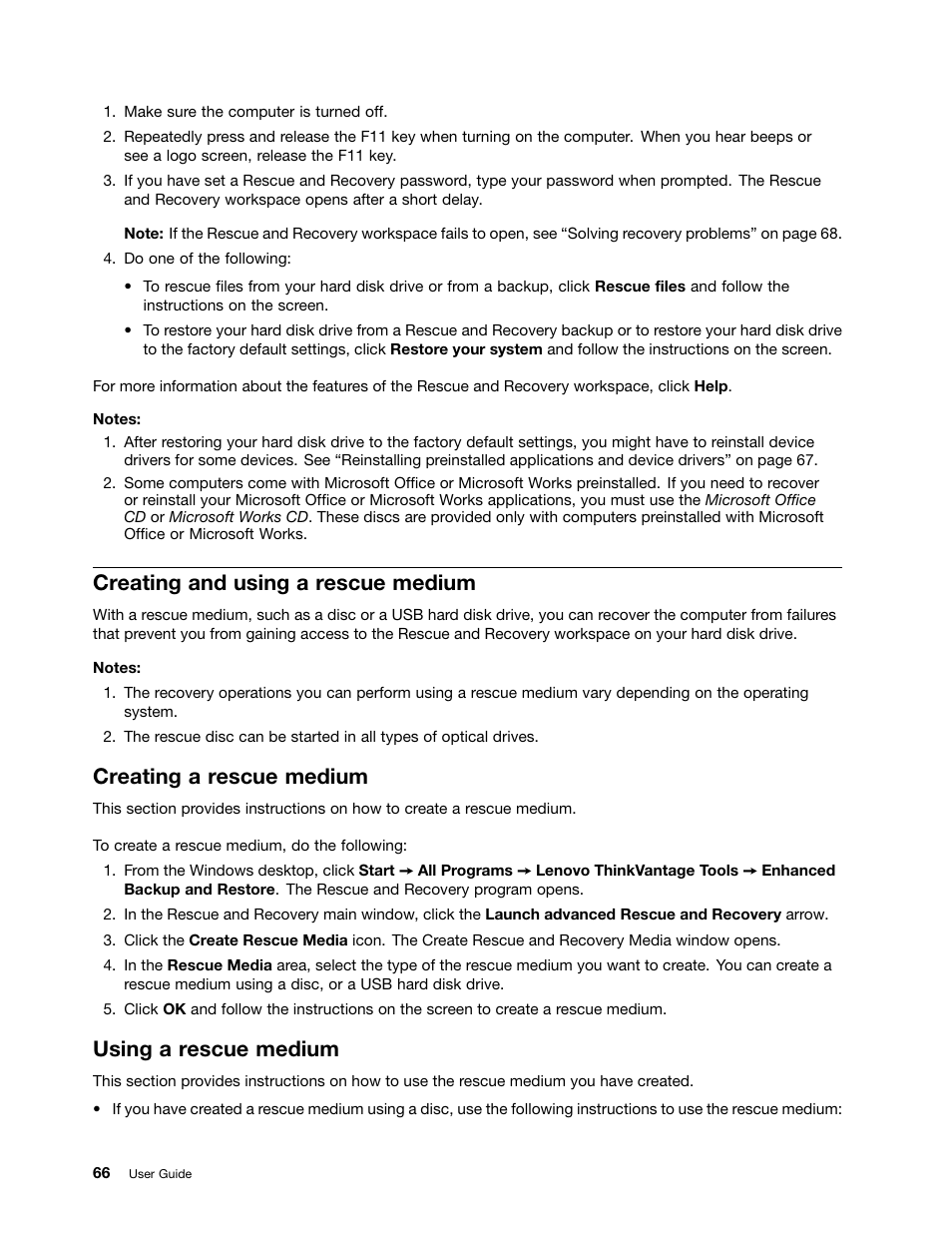 Creating and using a rescue medium, Creating a rescue medium, Using a rescue medium | Lenovo ThinkPad Edge E525 User Manual | Page 84 / 168