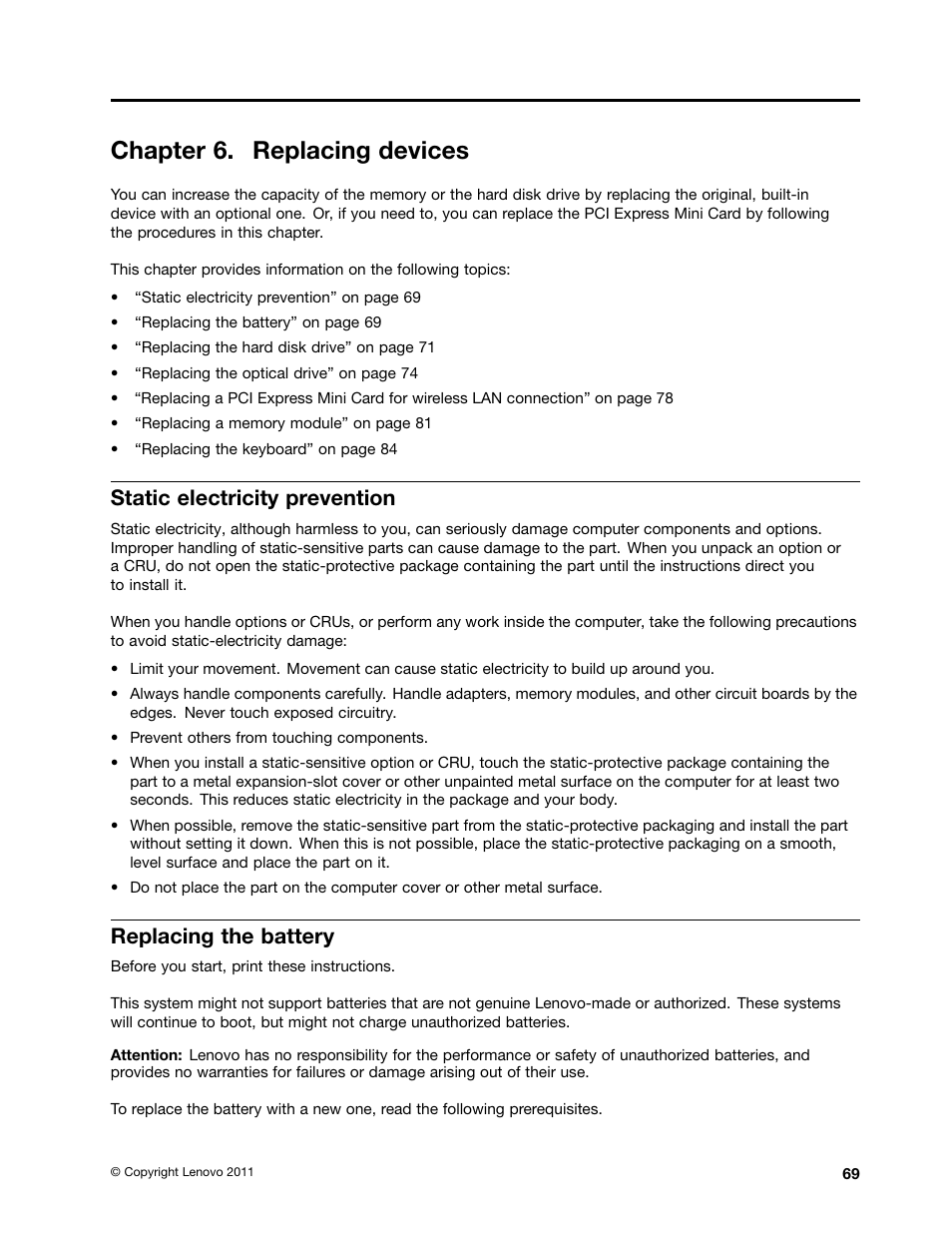 Chapter 6. replacing devices, Static electricity prevention, Replacing the battery | Lenovo ThinkPad Edge E525 User Manual | Page 87 / 168