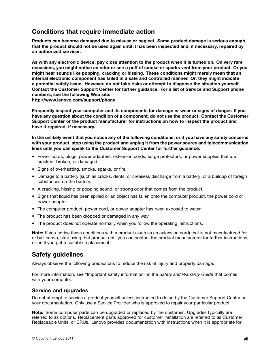 Conditions that require immediate action, Safety guidelines | Lenovo ThinkPad Edge E525 User Manual | Page 9 / 168