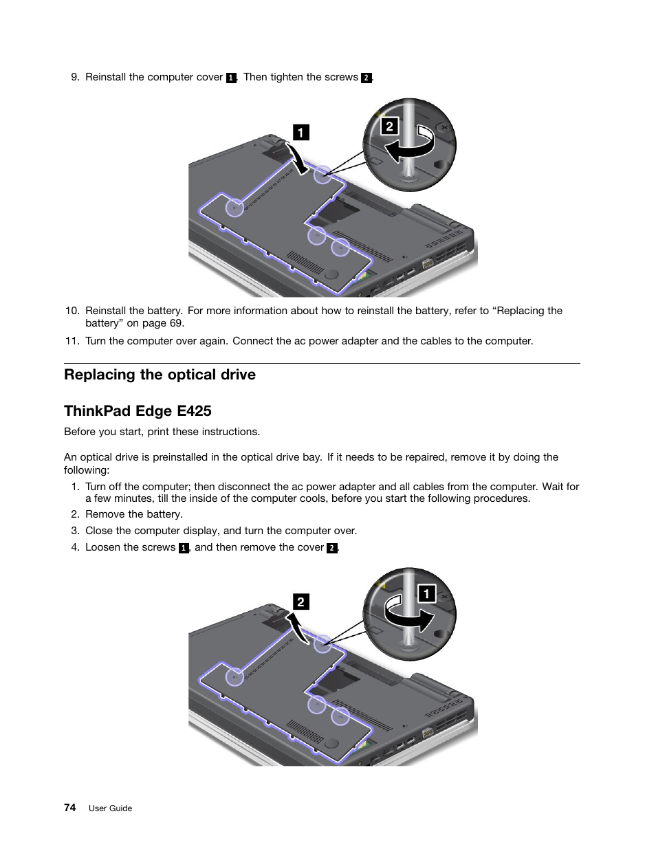 Replacing the optical drive, Thinkpad edge e425, Replacing the optical drive thinkpad edge e425 | Lenovo ThinkPad Edge E525 User Manual | Page 92 / 168