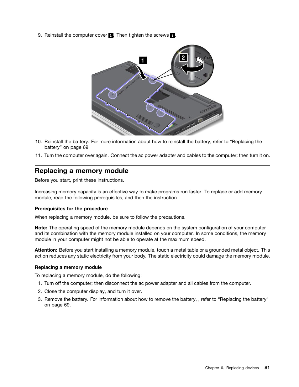 Replacing a memory module | Lenovo ThinkPad Edge E525 User Manual | Page 99 / 168