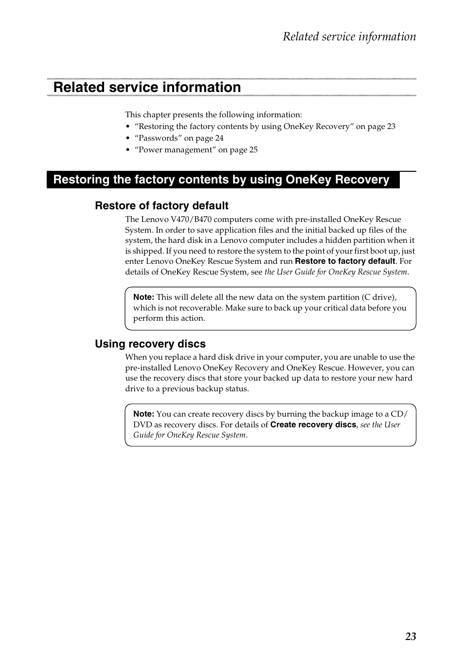 Related service information, Restore of factory default, Using recovery discs | Restore of factory default using recovery discs | Lenovo V470 Notebook User Manual | Page 27 / 91