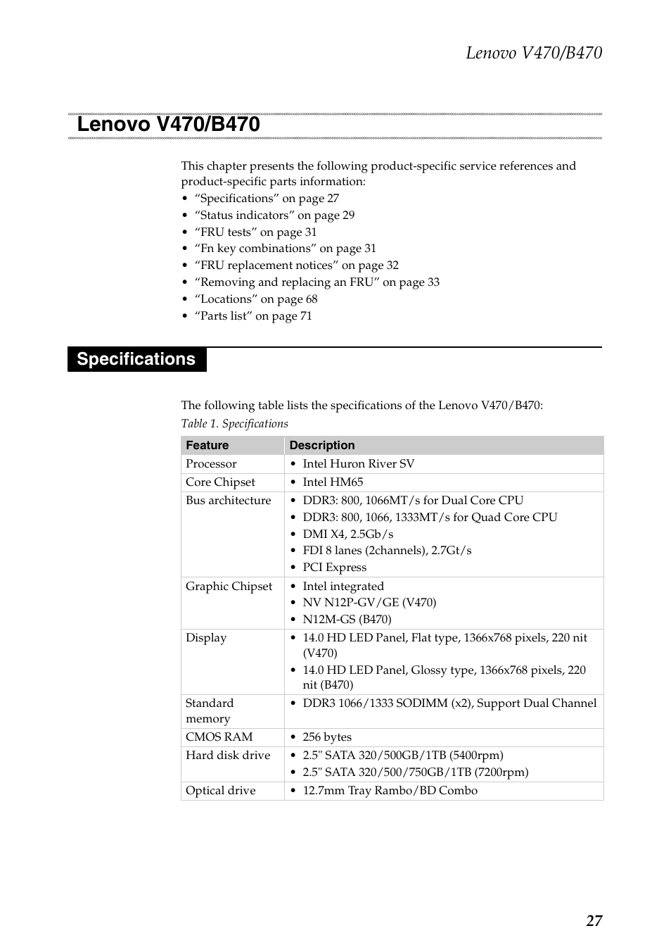 Lenovo v470/b470, Specifications, Lenovo v470/b470 specifications | Lenovo V470 Notebook User Manual | Page 31 / 91