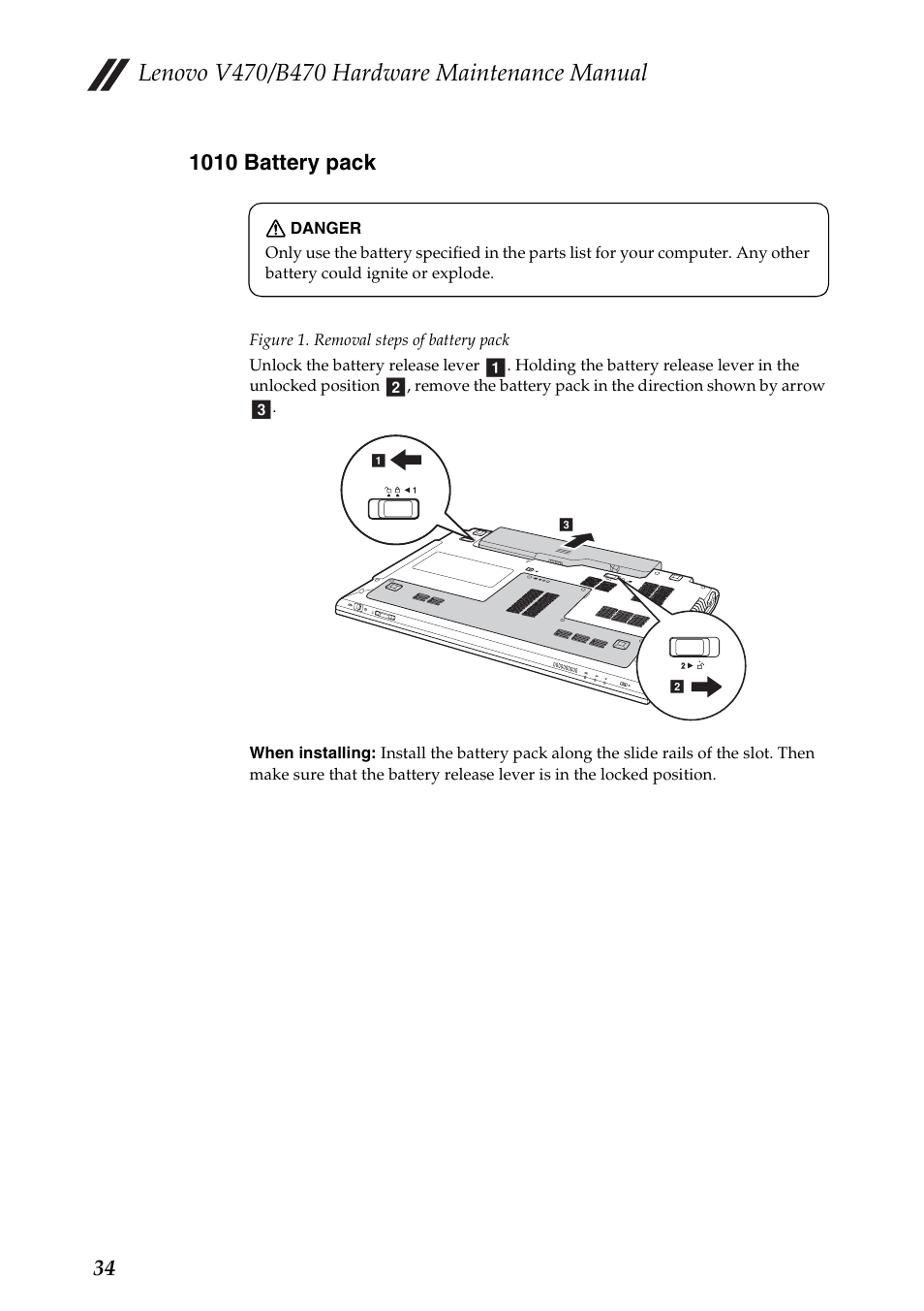 1010 battery pack | Lenovo V470 Notebook User Manual | Page 38 / 91