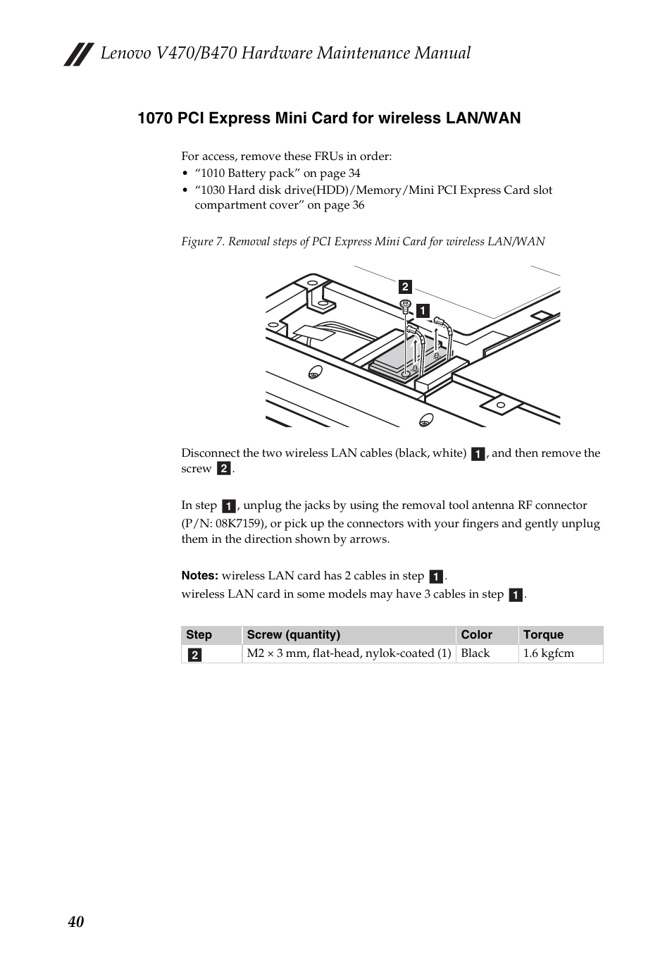 1070 pci express mini card for wireless lan/wan | Lenovo V470 Notebook User Manual | Page 44 / 91