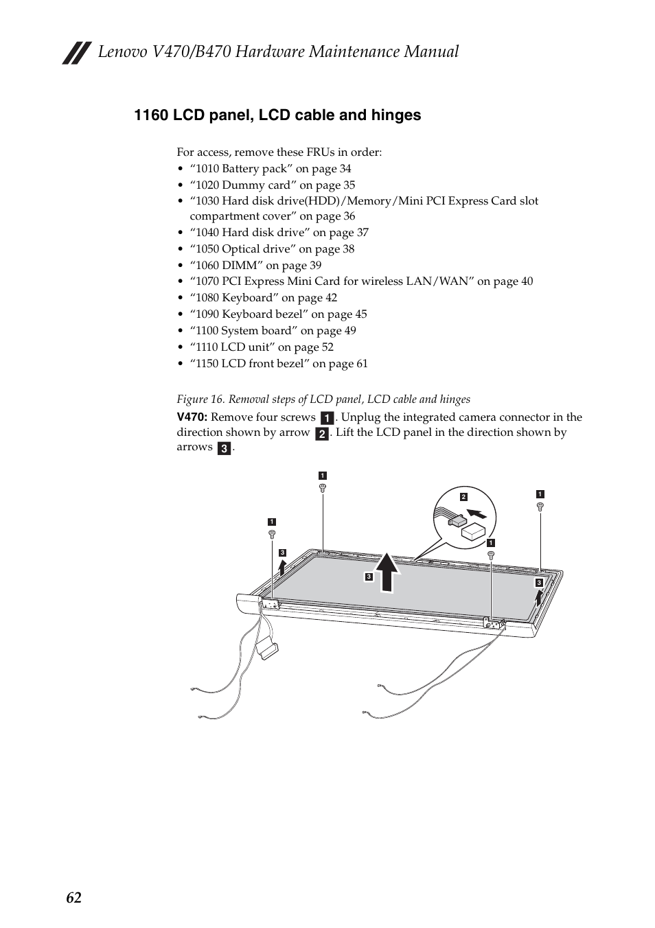 1160 lcd panel, lcd cable and hinges, Ab c | Lenovo V470 Notebook User Manual | Page 66 / 91