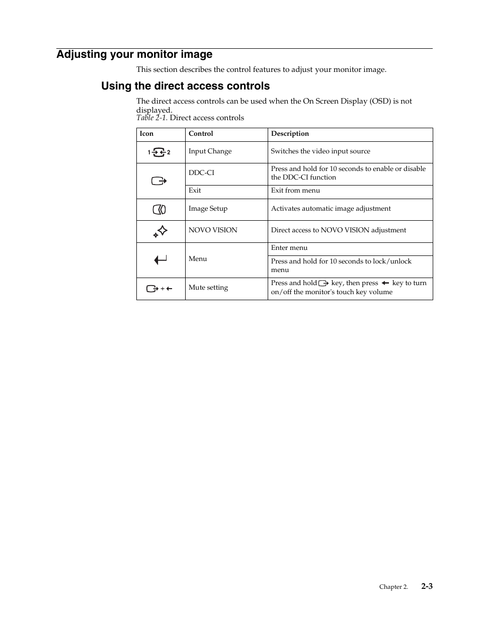 Adjusting your monitor image, Using the direct access controls, Adjusting your monitor image -3 | Using the direct access controls -3 | Lenovo LI2321s Wide Flat Panel Monitor User Manual | Page 14 / 32