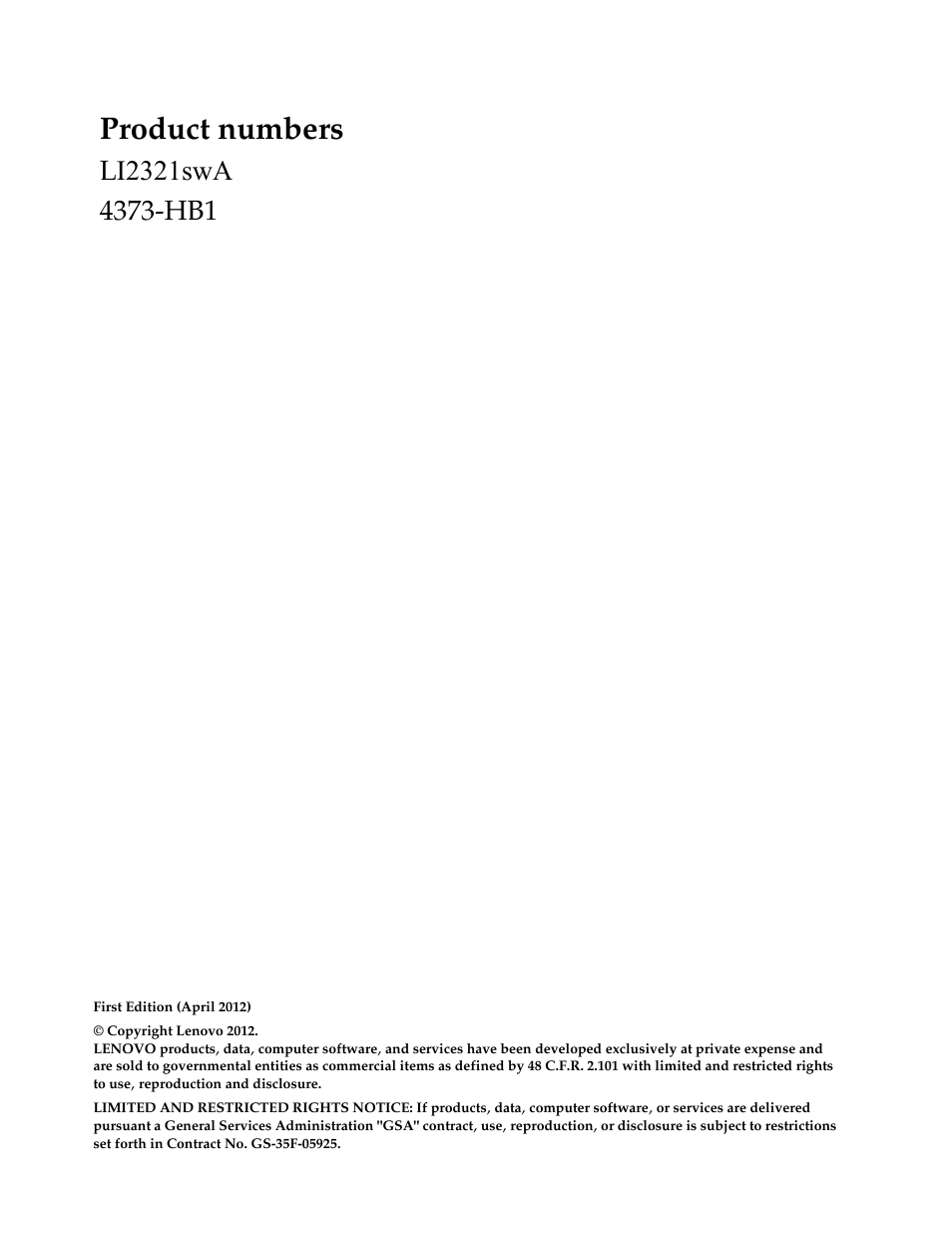 Product numbers, I2321swa | Lenovo LI2321s Wide Flat Panel Monitor User Manual | Page 2 / 32