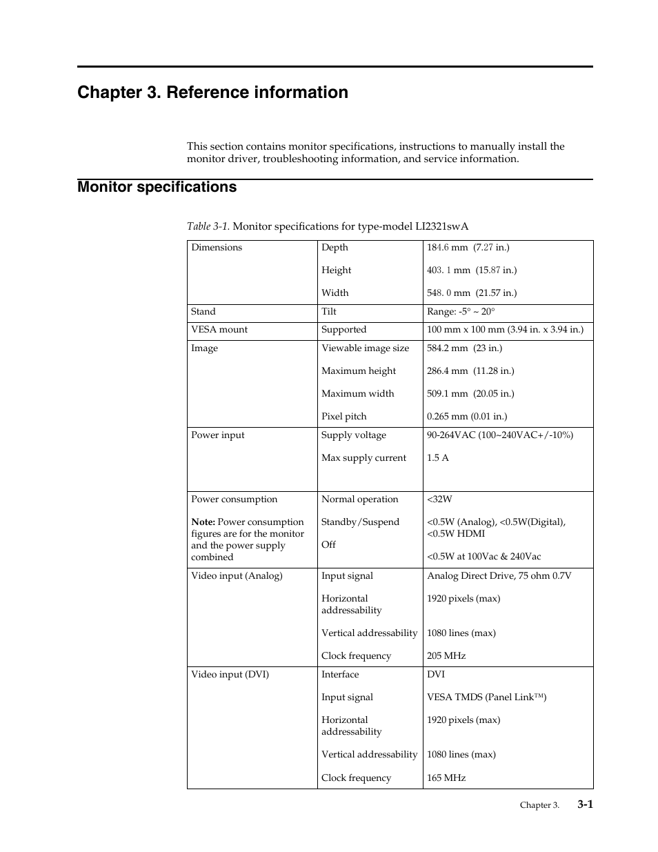 Chapter 3. reference information, Monitor specifications, Chapter 3 | Refe, Monitor specifications -1 | Lenovo LI2321s Wide Flat Panel Monitor User Manual | Page 23 / 32