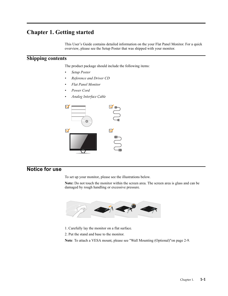 Chapter 1. getting started, Shipping contents, Notice for use | Chapter 1. getting, Shipping contents -1, Notice for use -1 | Lenovo LI2321s Wide Flat Panel Monitor User Manual | Page 5 / 32