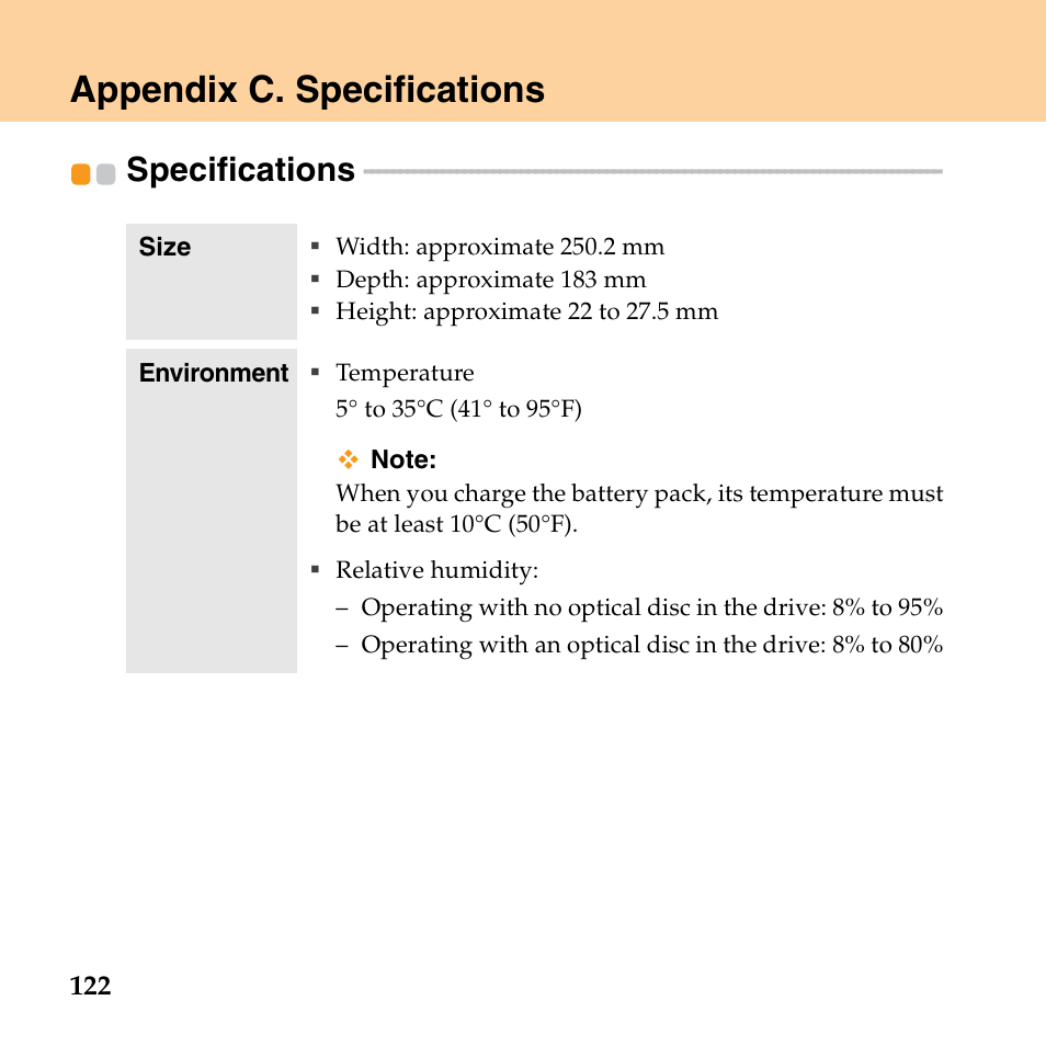 Appendix c. specifications, Specifications | Lenovo IdeaPad S10 FR User Manual | Page 130 / 154