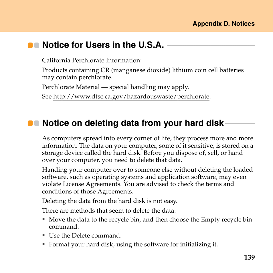 Notice for users in the u.s.a, Notice on deleting data from your hard disk | Lenovo IdeaPad S10 FR User Manual | Page 147 / 154