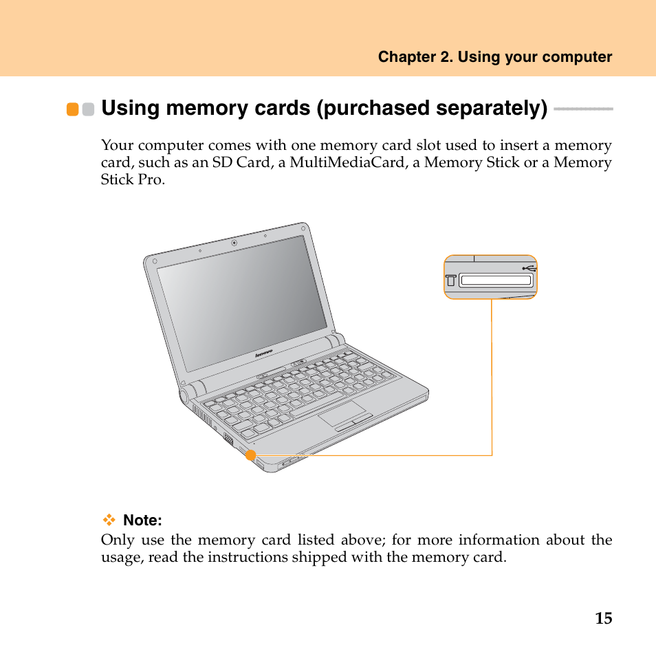 Using memory cards (purchased separately) | Lenovo IdeaPad S10 FR User Manual | Page 23 / 154