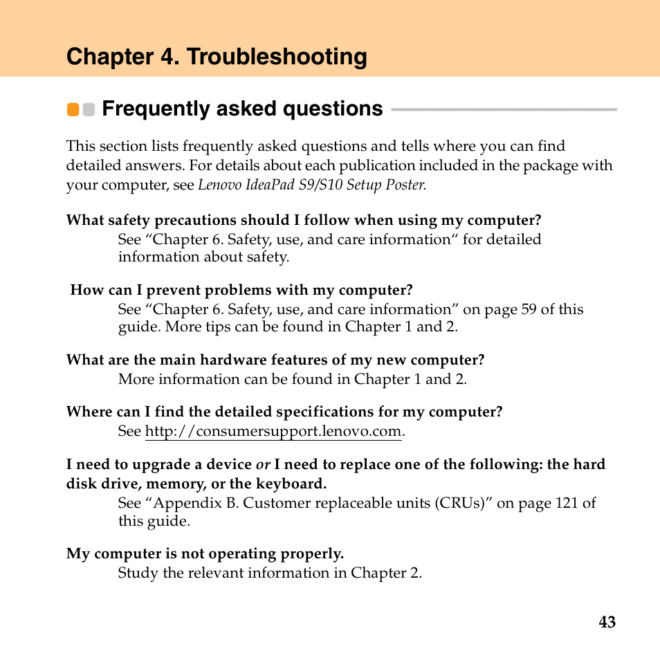 Chapter 4. troubleshooting, Frequently asked questions | Lenovo IdeaPad S10 FR User Manual | Page 51 / 154