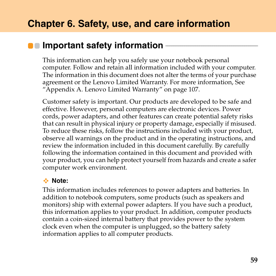 Chapter 6. safety, use, and care information, Important safety information | Lenovo IdeaPad S10 FR User Manual | Page 67 / 154