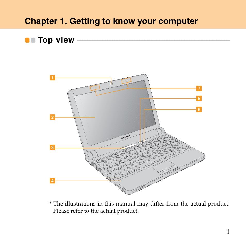 Chapter 1. getting to know your computer, Top view | Lenovo IdeaPad S10 FR User Manual | Page 9 / 154