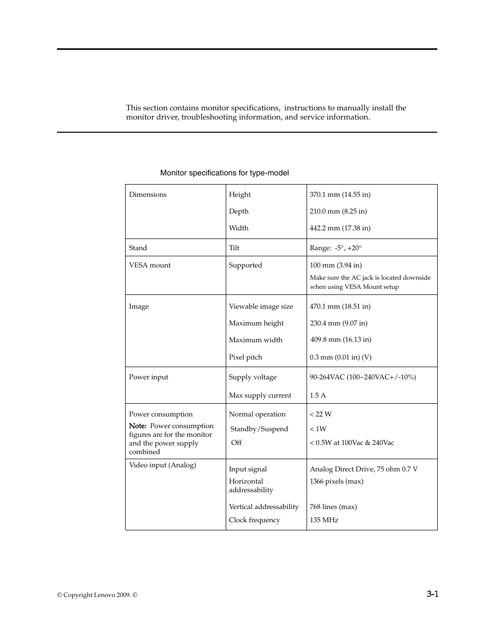 Chapter 3. reference information, Monitor specifications, Chapter 3. reference information -1 | Monitor specifications -1 | Lenovo D186 Wide Flat Panel Monitor User Manual | Page 18 / 27
