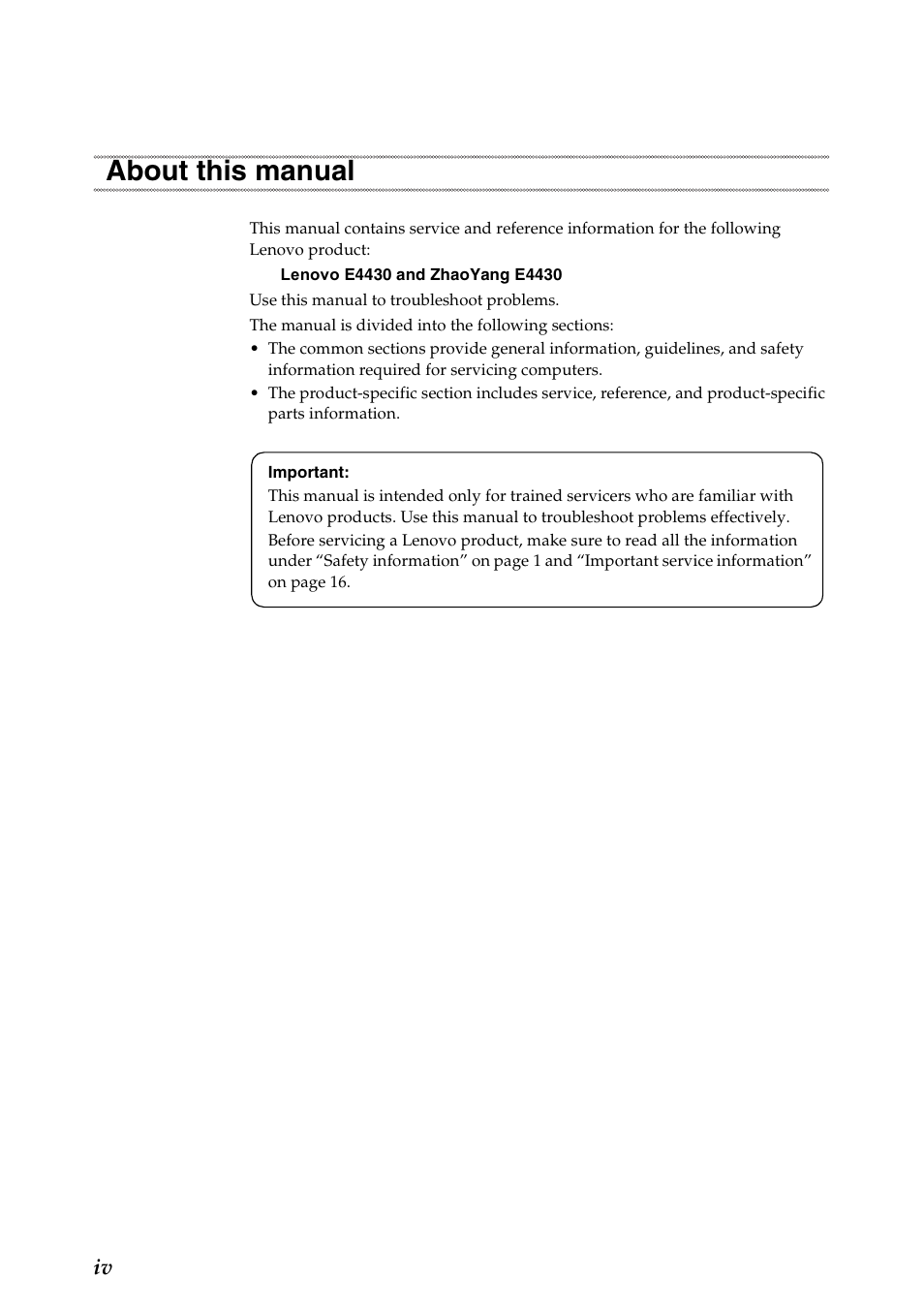 About this manual | Lenovo E4430 User Manual | Page 4 / 91