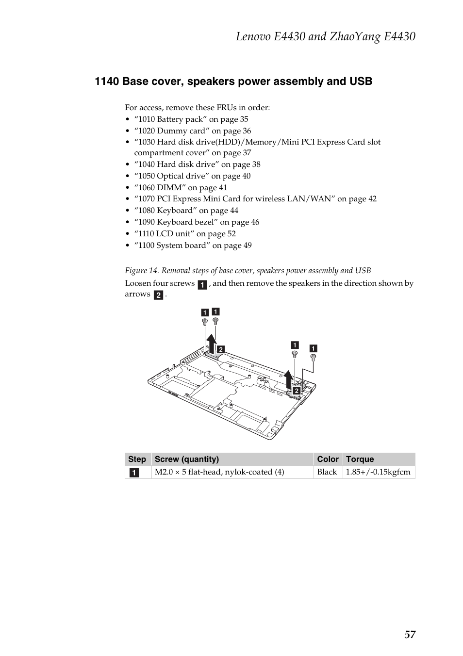 1140 base cover, speakers power assembly and usb | Lenovo E4430 User Manual | Page 61 / 91