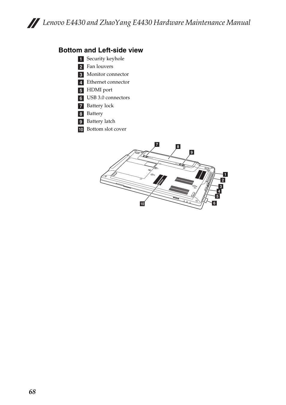 Bottom and left-side view, 68 bottom and left-side view | Lenovo E4430 User Manual | Page 72 / 91