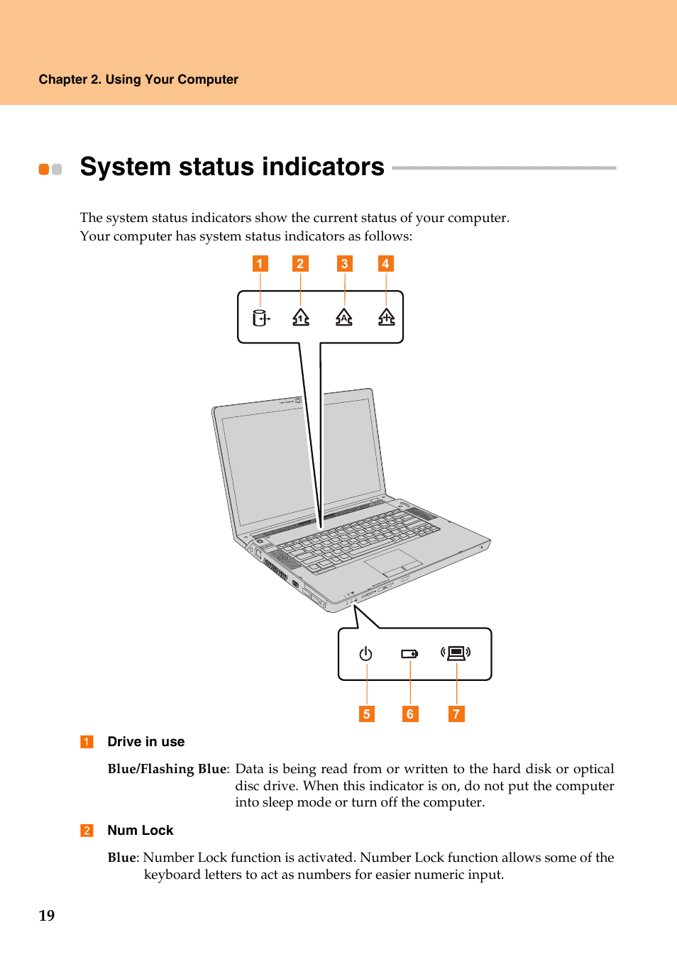 System status indicators | Lenovo IdeaPad Y510 User Manual | Page 24 / 77