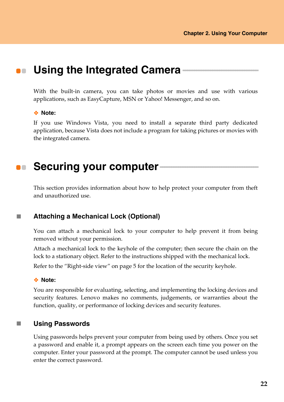 Using the integrated camera, Securing your computer, Using the integrated camera securing your computer | Lenovo IdeaPad Y510 User Manual | Page 27 / 77