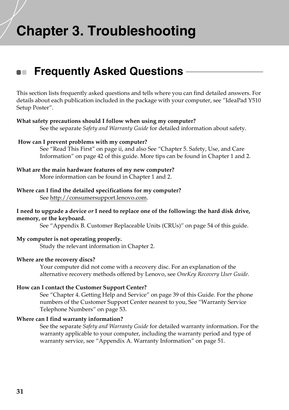 Chapter 3. troubleshooting, Frequently asked questions | Lenovo IdeaPad Y510 User Manual | Page 36 / 77