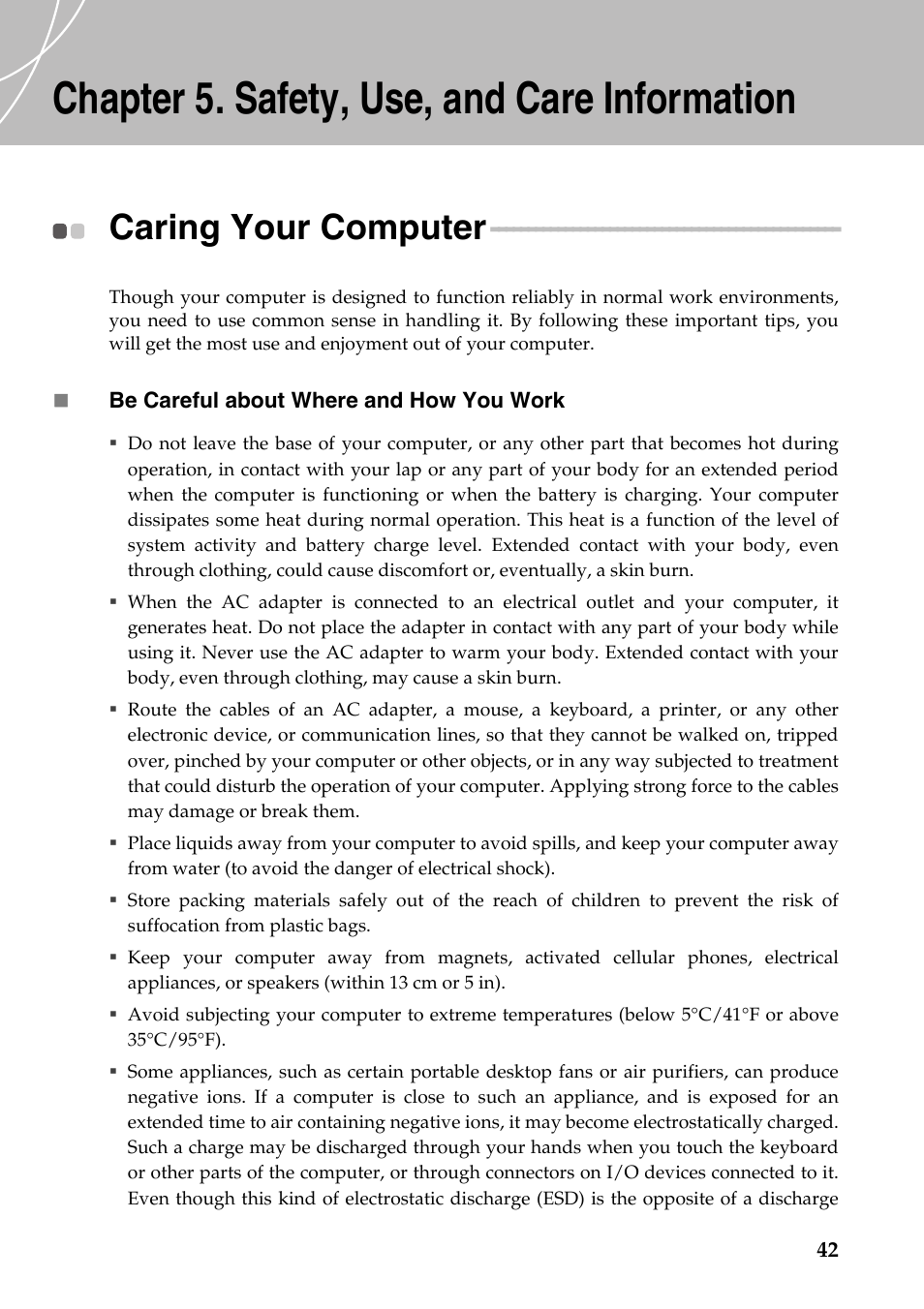 Chapter 5. safety, use, and care information, Caring your computer | Lenovo IdeaPad Y510 User Manual | Page 47 / 77